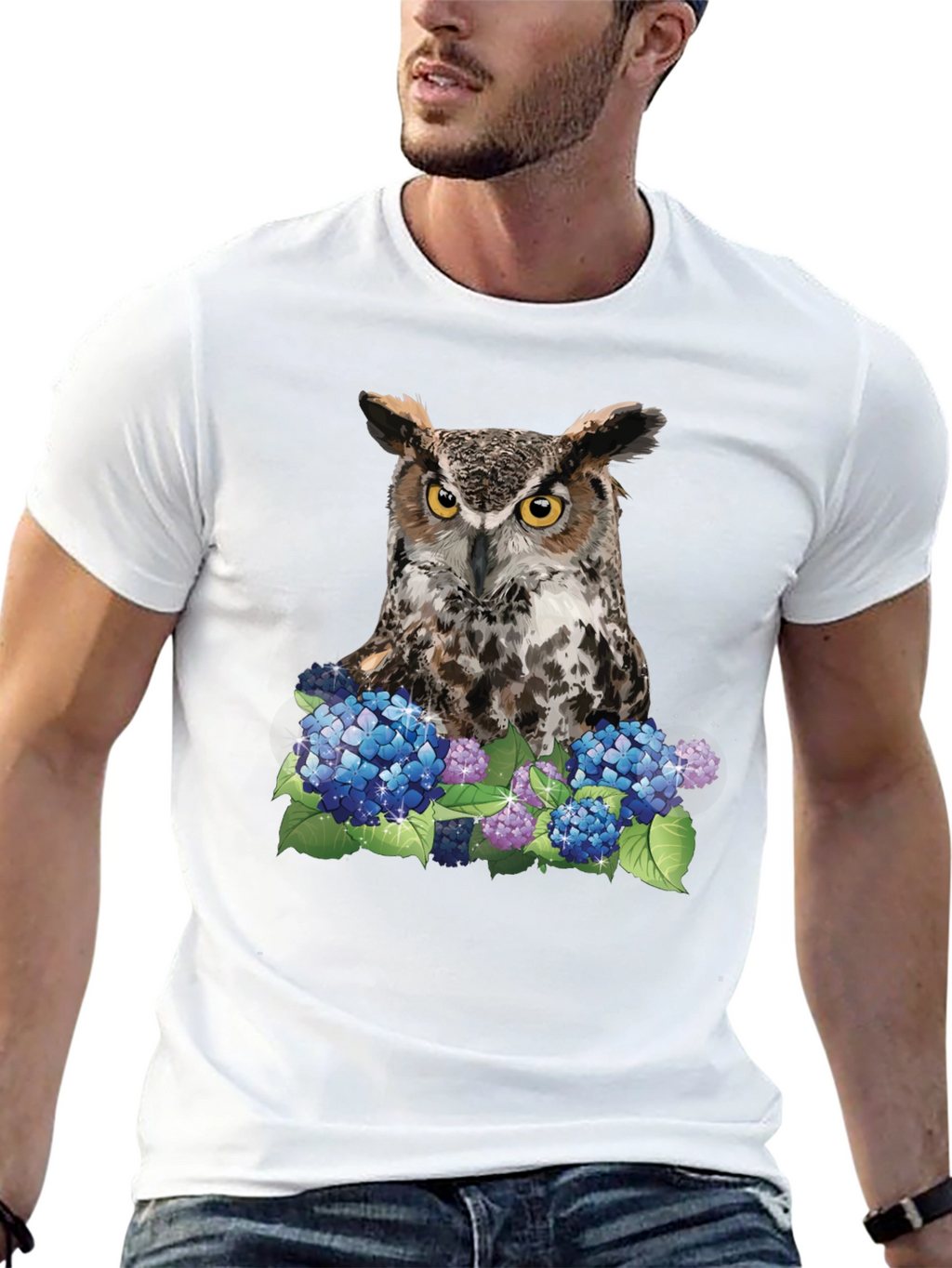 Owl and Hydrangea Graphic Tee - Nature T-Shirt