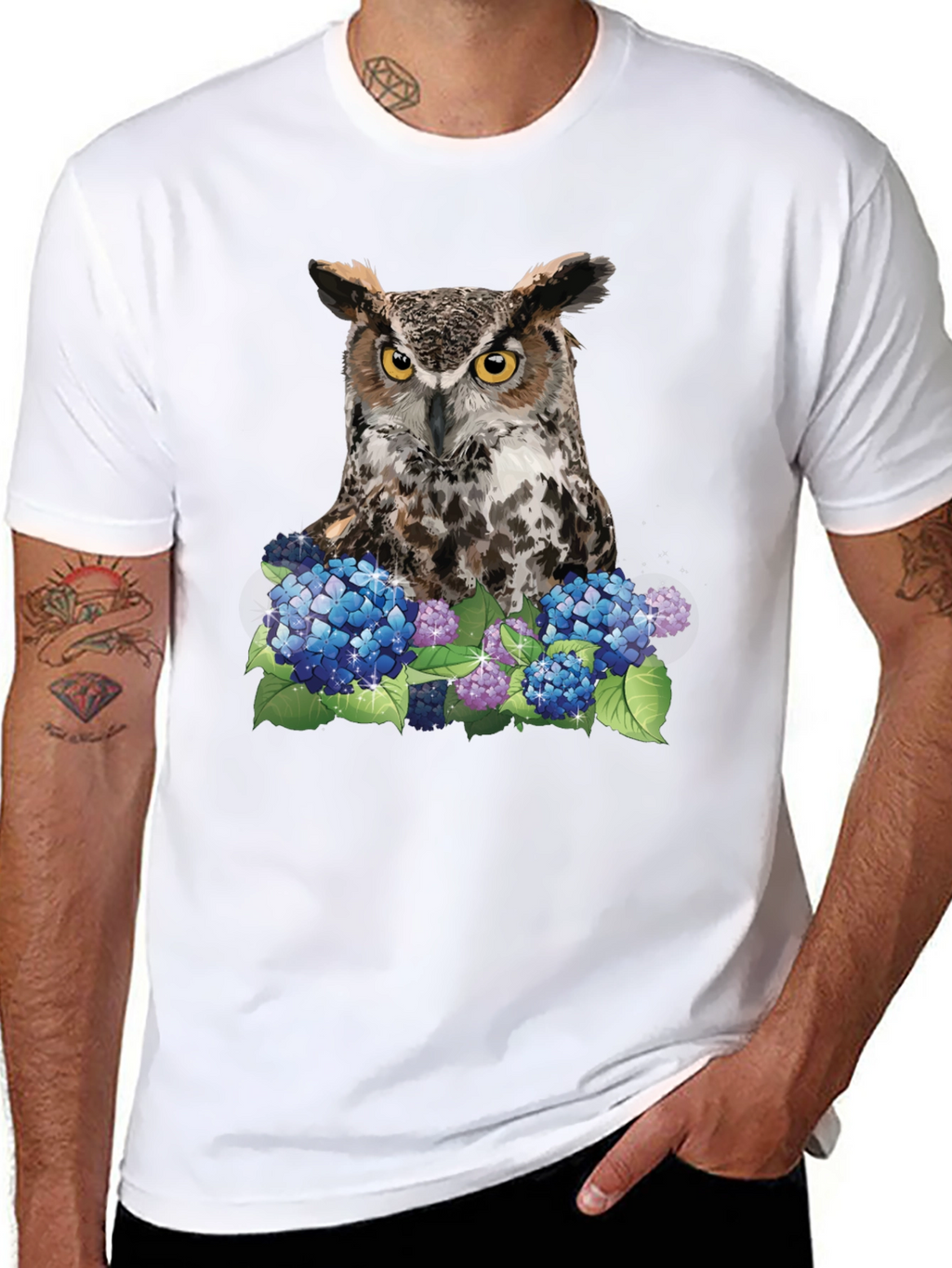 Owl and Hydrangea Graphic Tee - Nature T-Shirt