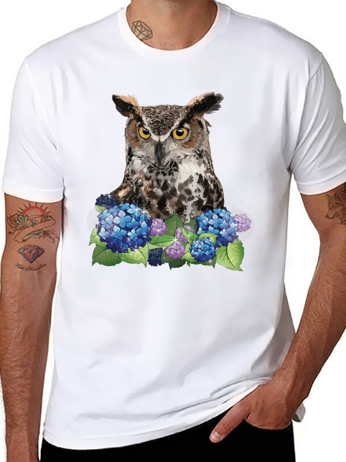 Owl and Hydrangea Graphic Tee - Nature T-Shirt