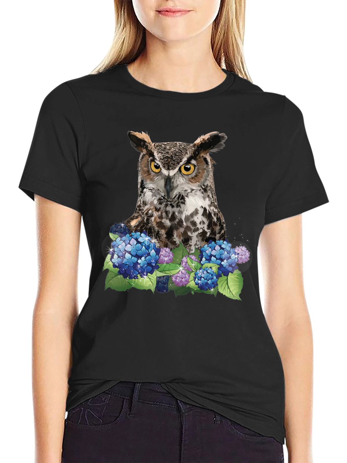 Owl and Hydrangea Graphic Tee - Nature T-Shirt