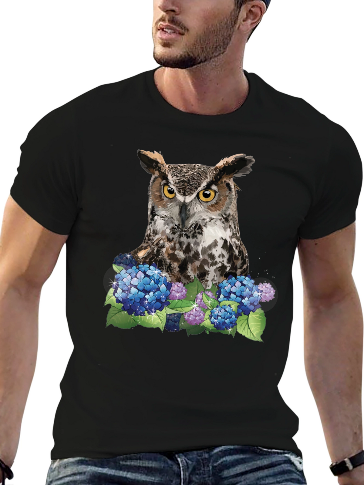 Owl and Hydrangea Graphic Tee - Nature T-Shirt