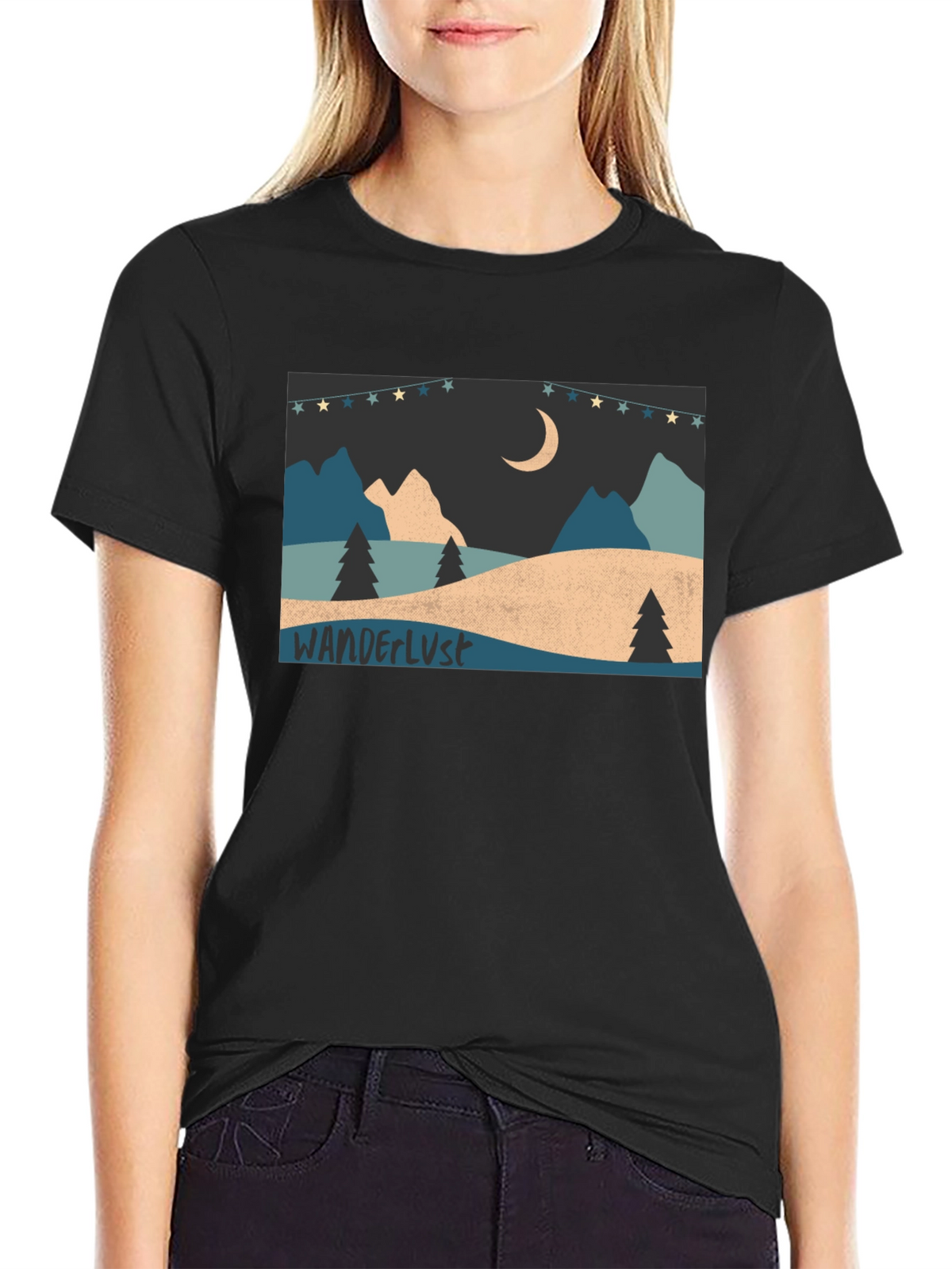 Wanderlust Mountain Scene Graphic Tee - Black