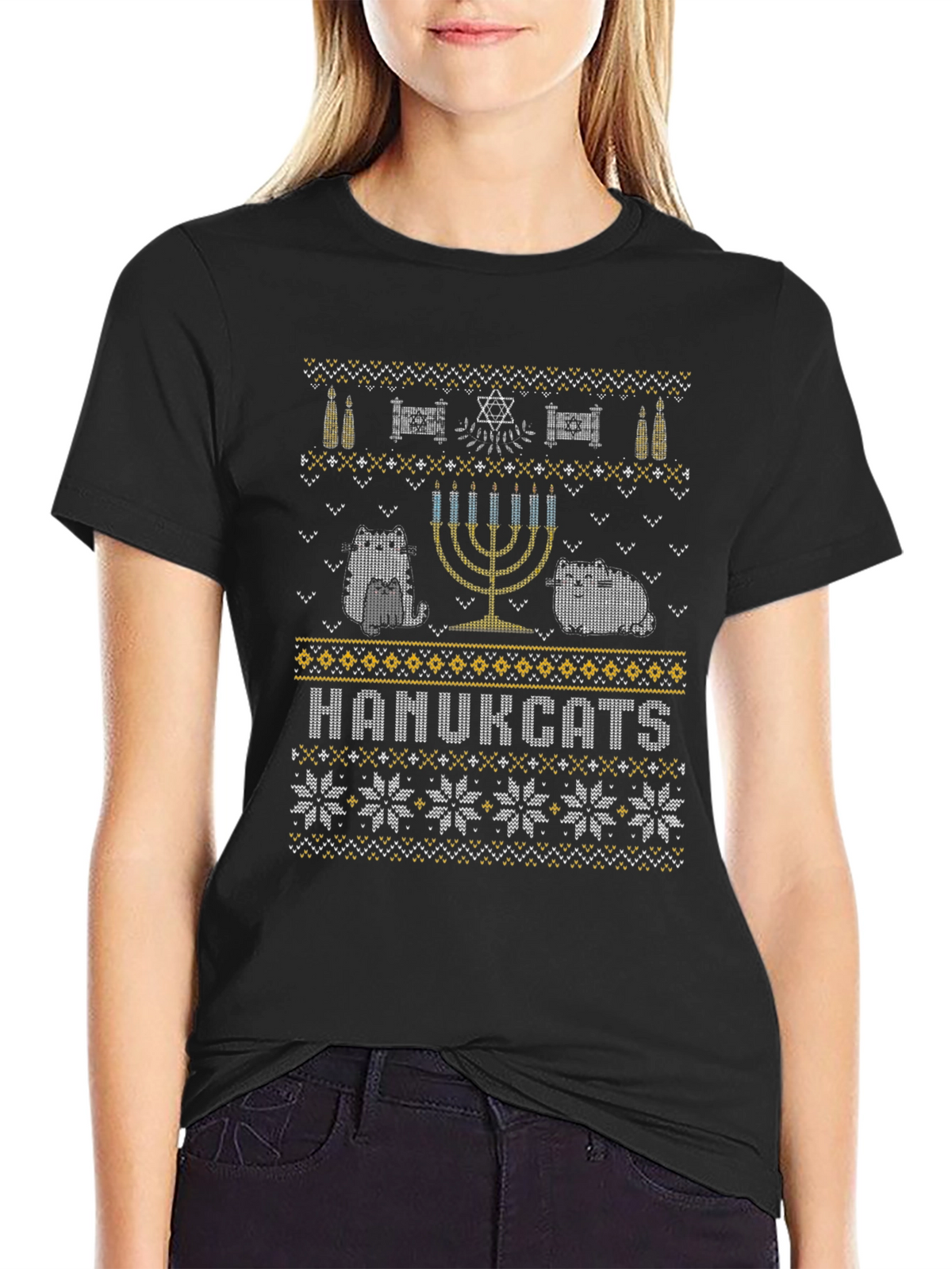 Hanukcats Funny Hanukkah Sweater Design T-Shirt