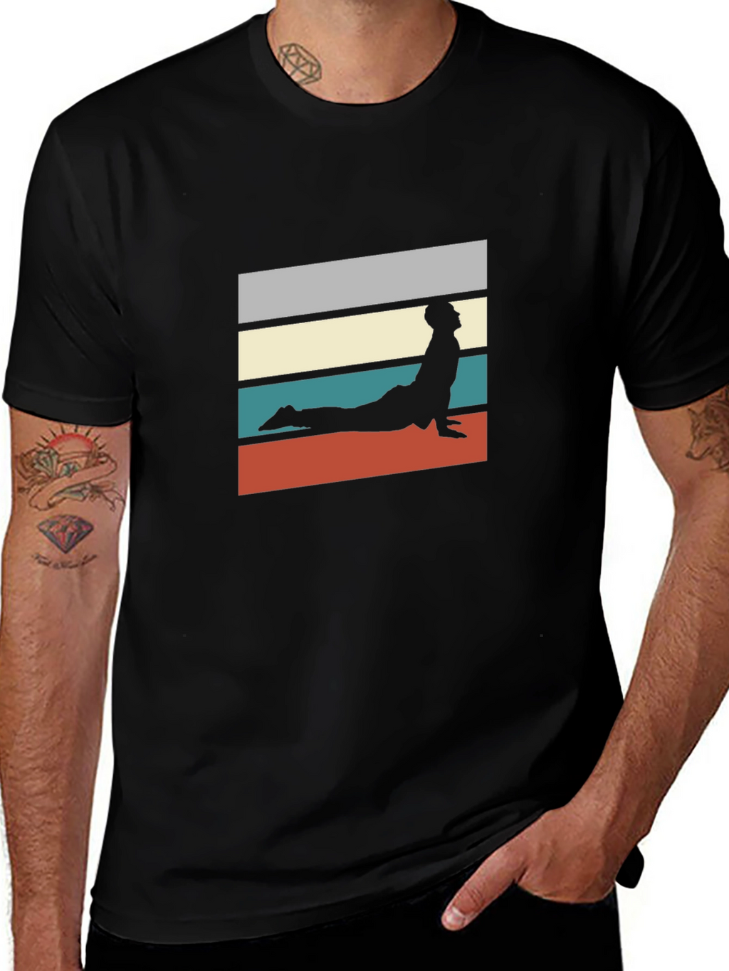 Retro Yoga Pose Graphic Tee - Black Cotton T-Shirt