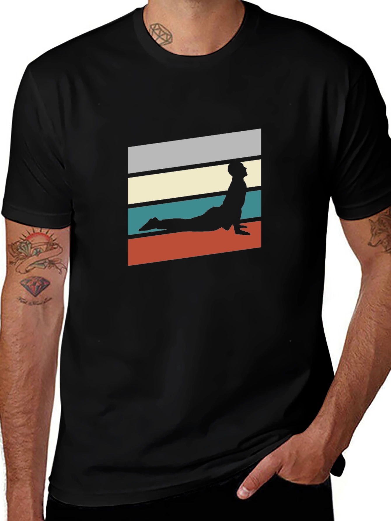 Retro Yoga Pose Graphic Tee - Black Cotton T-Shirt