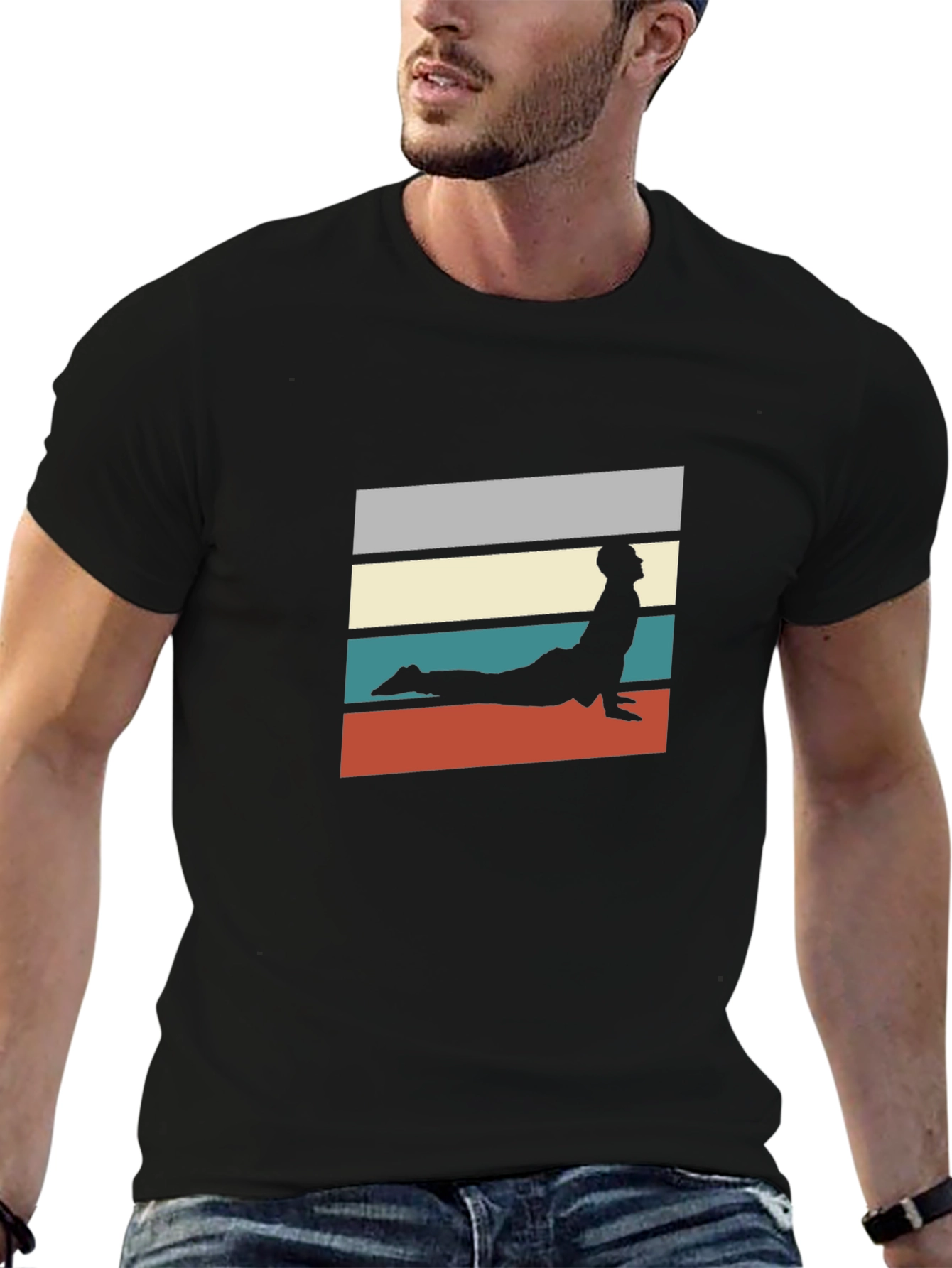 Retro Yoga Pose Graphic Tee - Black Cotton T-Shirt