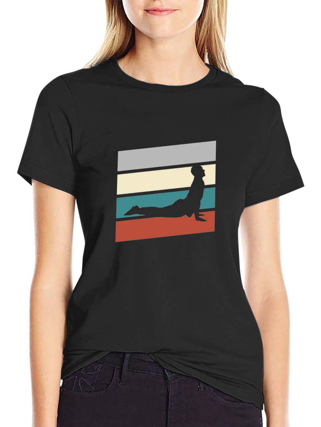 Retro Yoga Pose Graphic Tee - Black Cotton T-Shirt