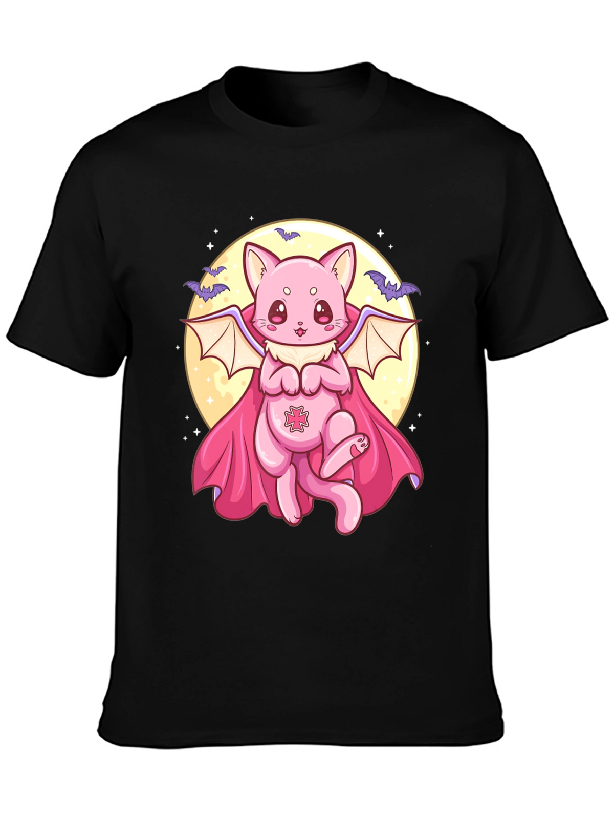 Cute Vampire Cat Graphic Black T-Shirt