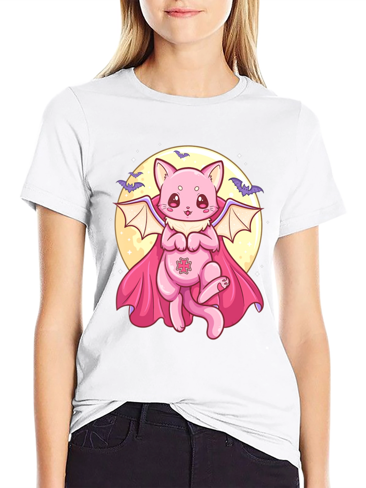 Cute Vampire Cat Graphic Black T-Shirt