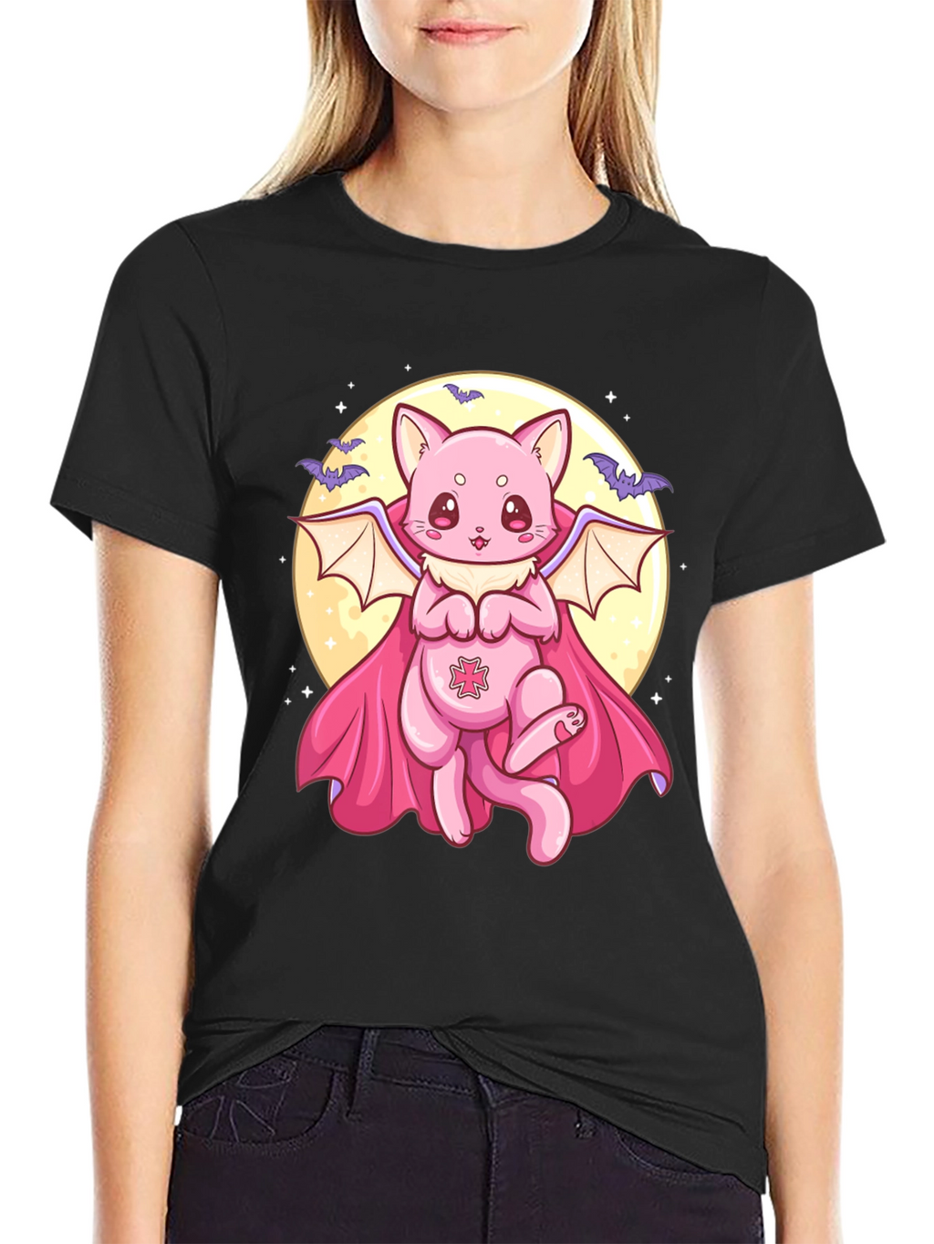 Cute Vampire Cat Graphic Black T-Shirt