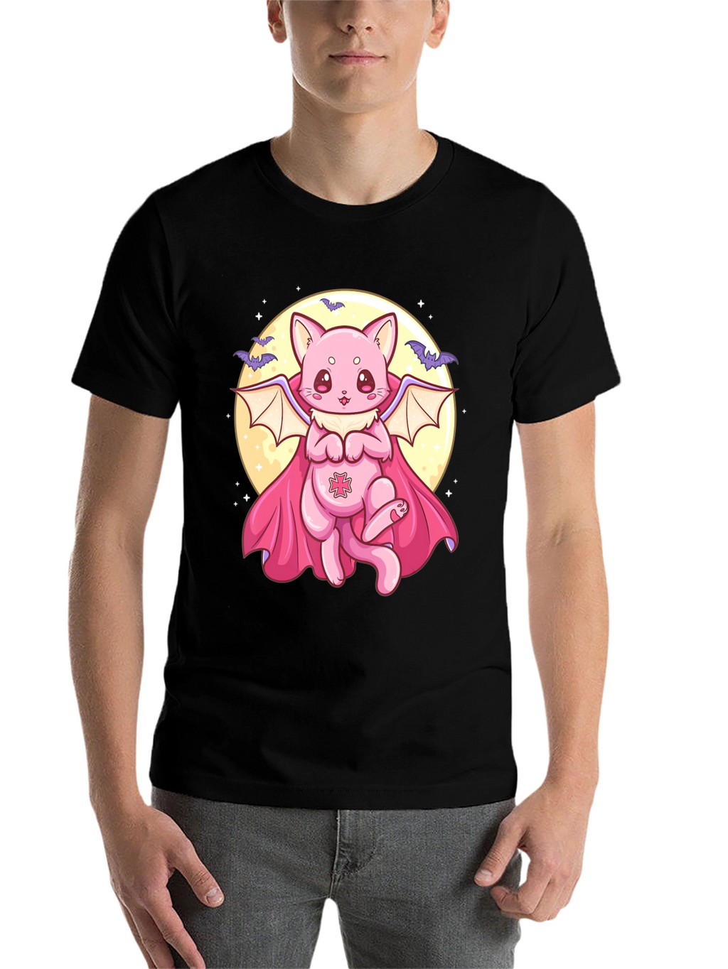 Cute Vampire Cat Graphic Black T-Shirt