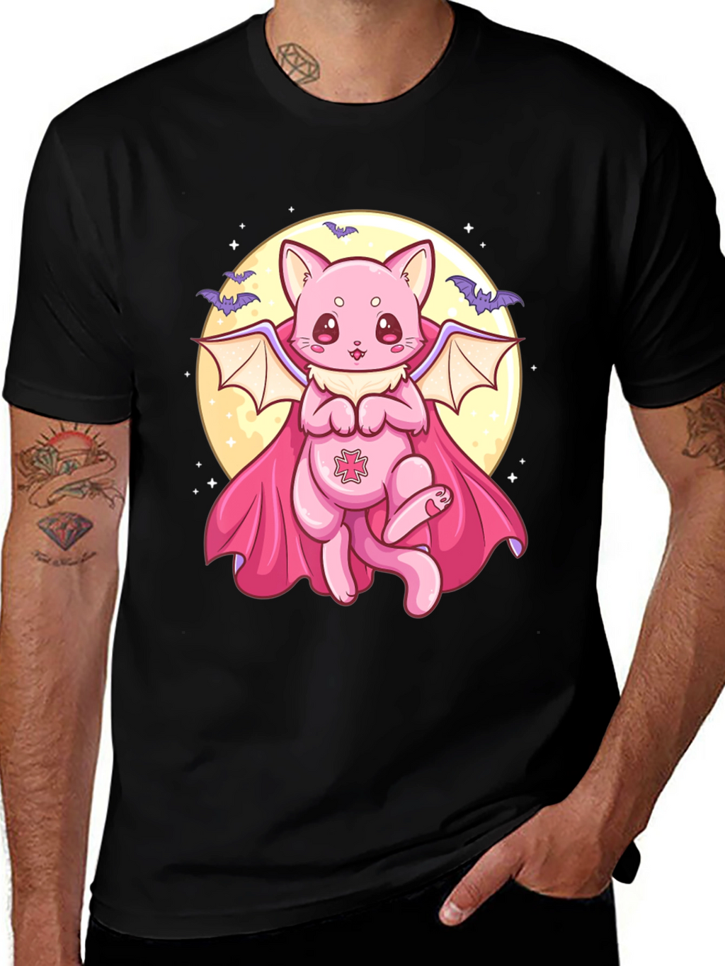 Cute Vampire Cat Graphic Black T-Shirt