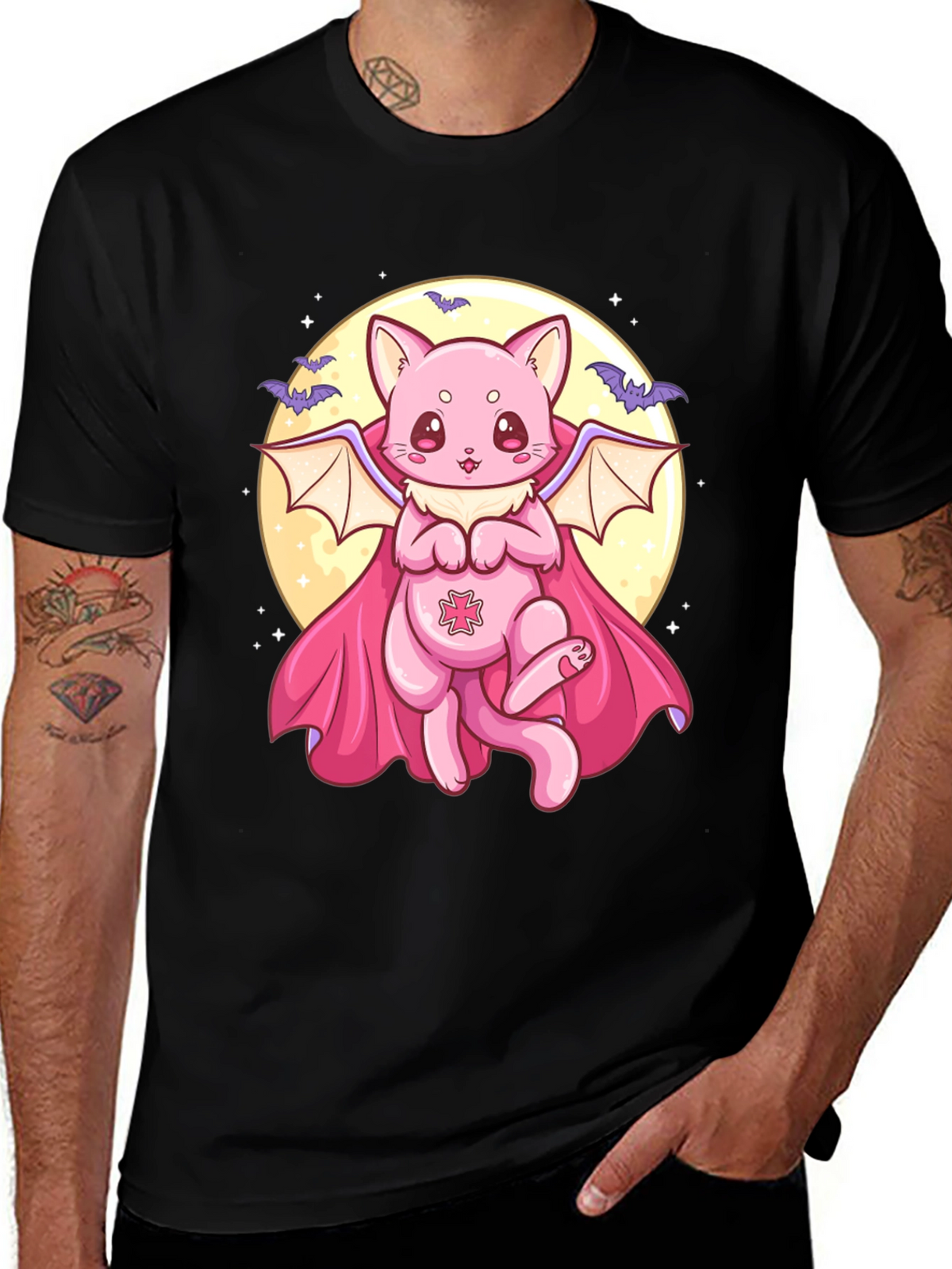 Cute Vampire Cat Graphic Black T-Shirt
