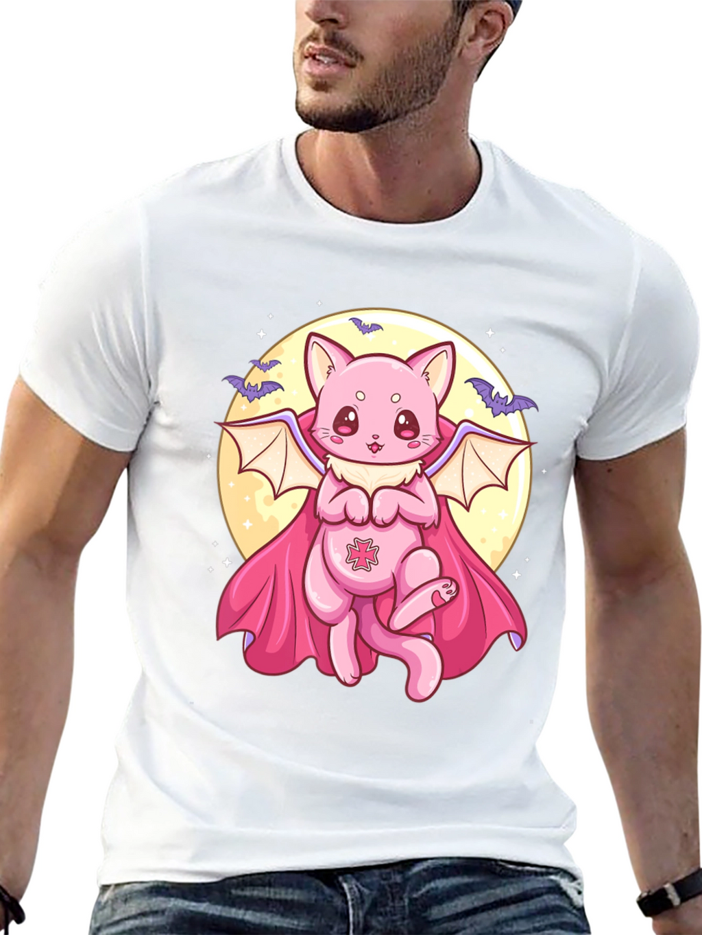 Cute Vampire Cat Graphic Black T-Shirt