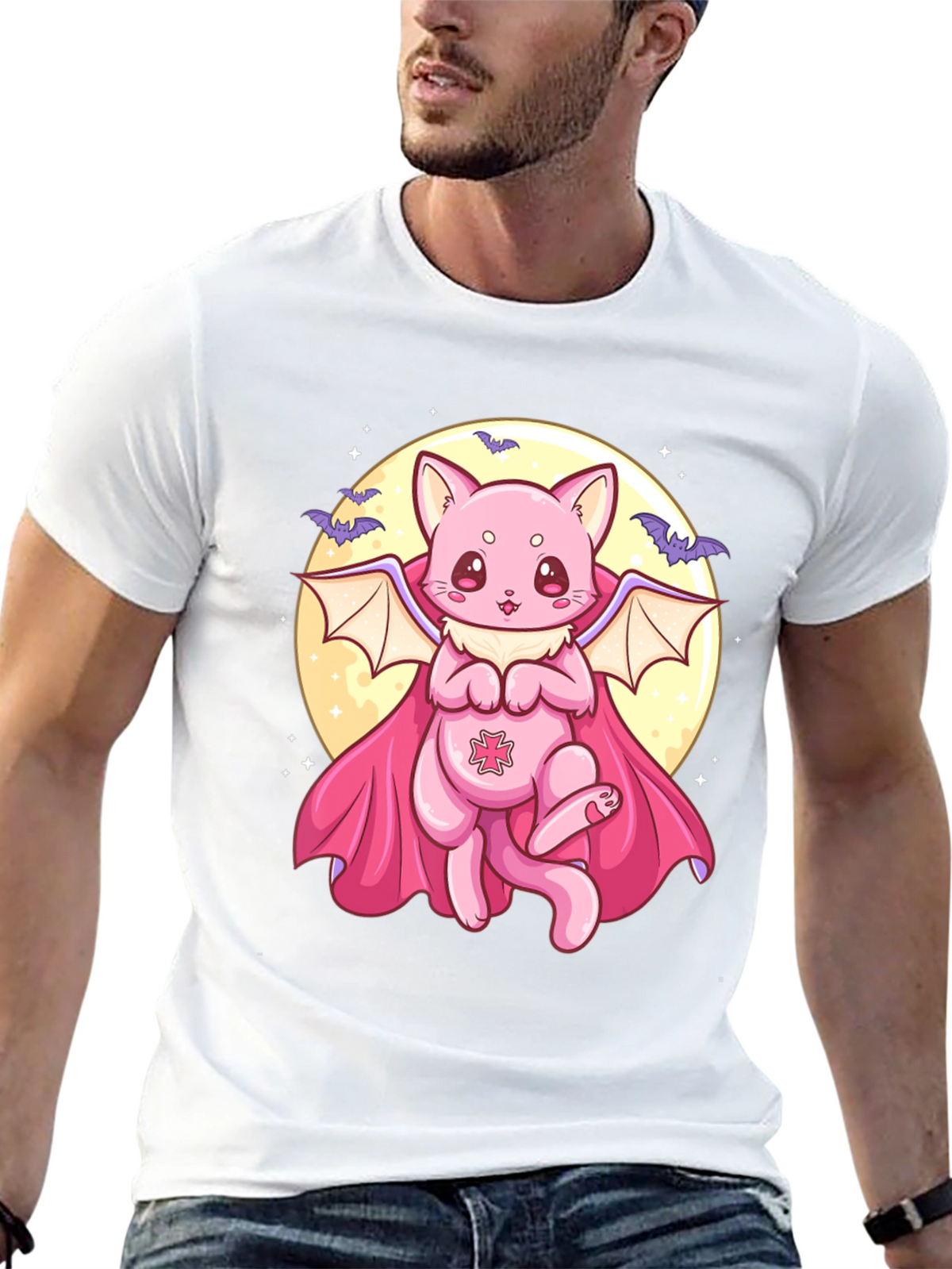 Cute Vampire Cat Graphic Black T-Shirt
