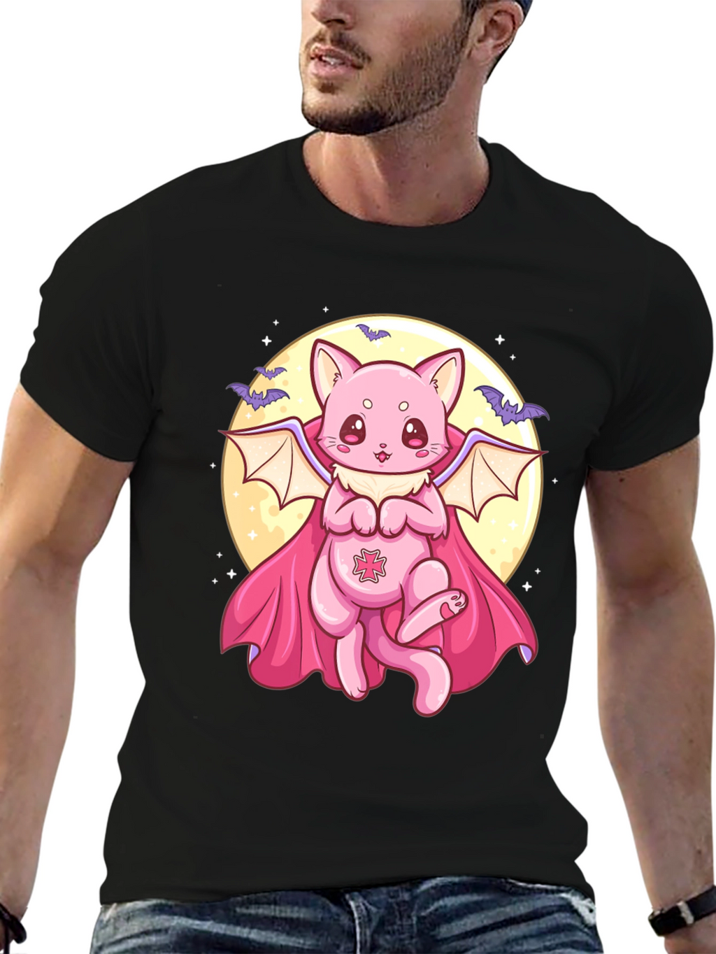 Cute Vampire Cat Graphic Black T-Shirt