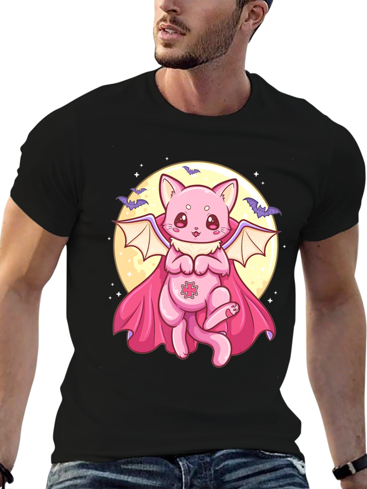 Cute Vampire Cat Graphic Black T-Shirt