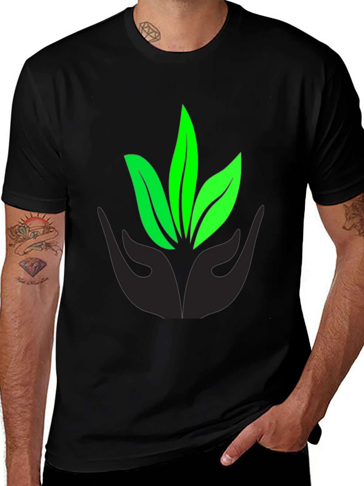 Eco-Friendly Black T-Shirt with Leaf Design