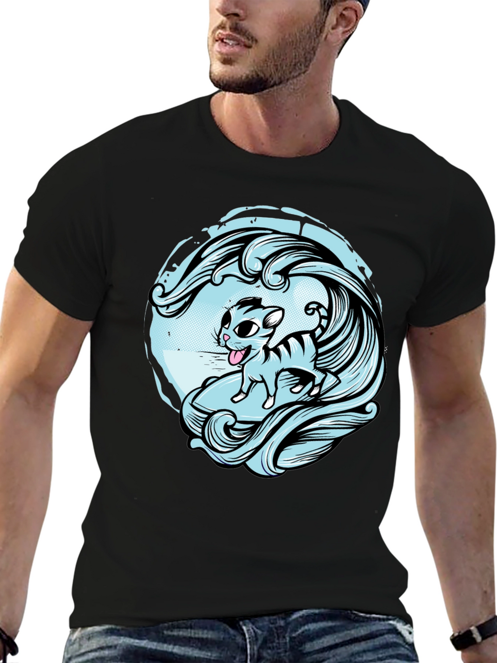Surfing Cat Graphic Tee - Cool Wave Design