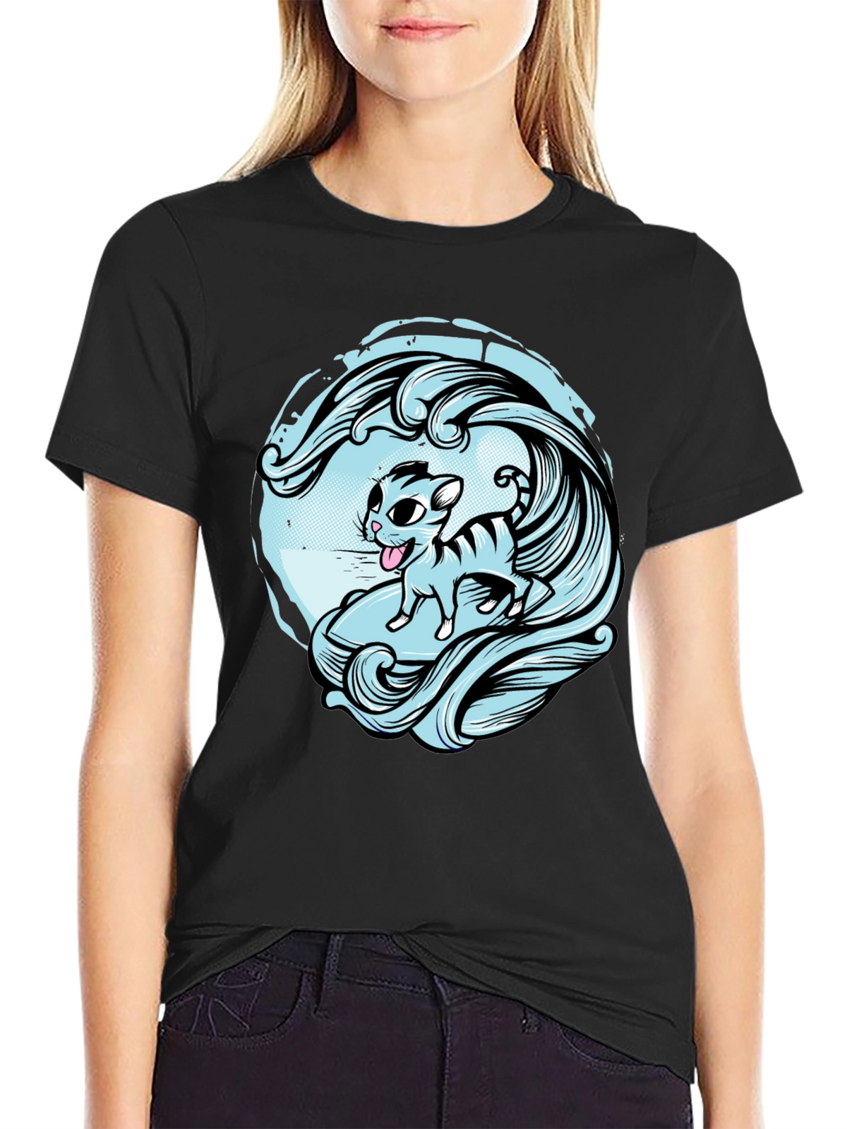 Surfing Cat Graphic Tee - Cool Wave Design