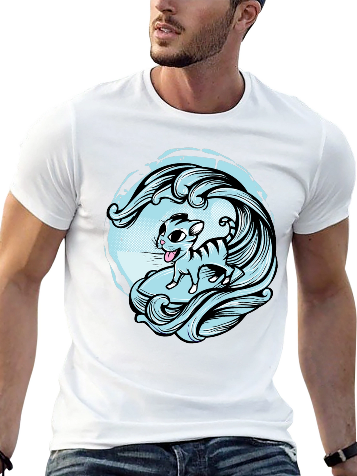Surfing Cat Graphic Tee - Cool Wave Design