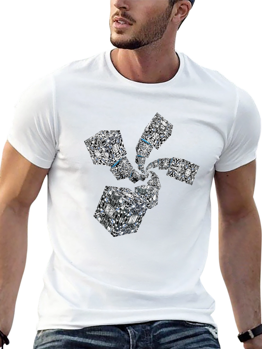 Abstract Geometric Cube Spiral Black T-Shirt