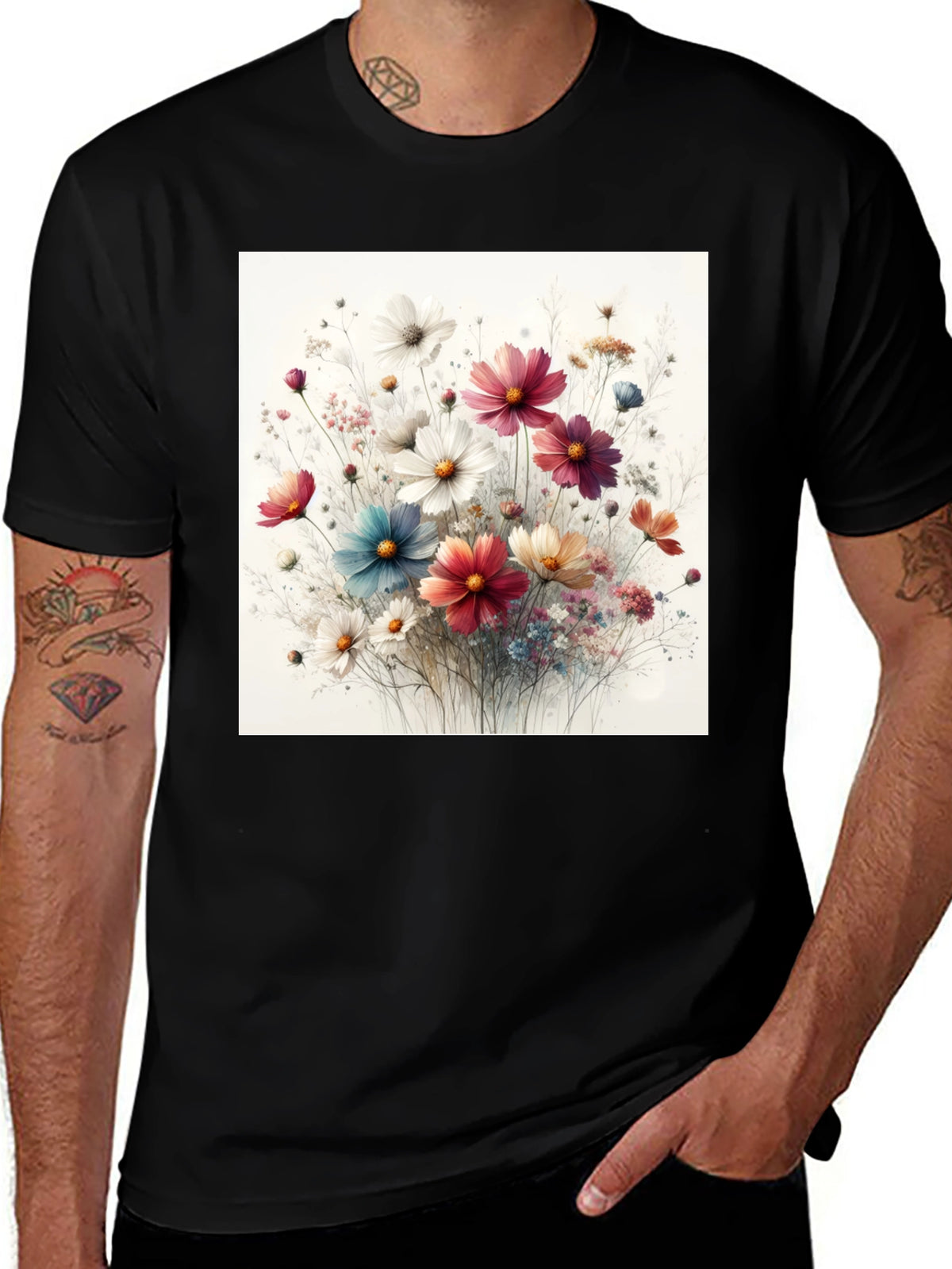 Floral Print Black T-Shirt for Men