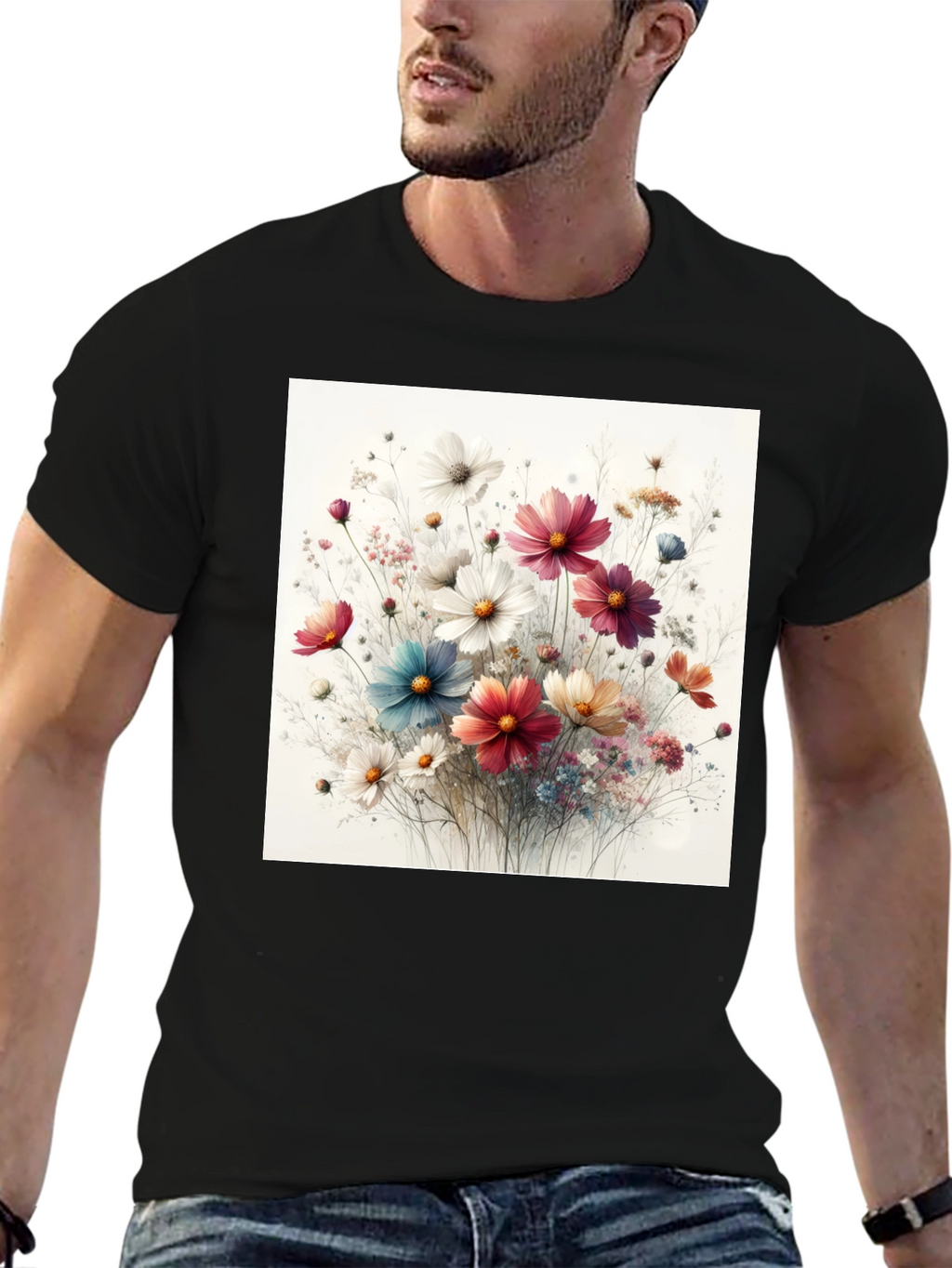 Floral Print Black T-Shirt for Men