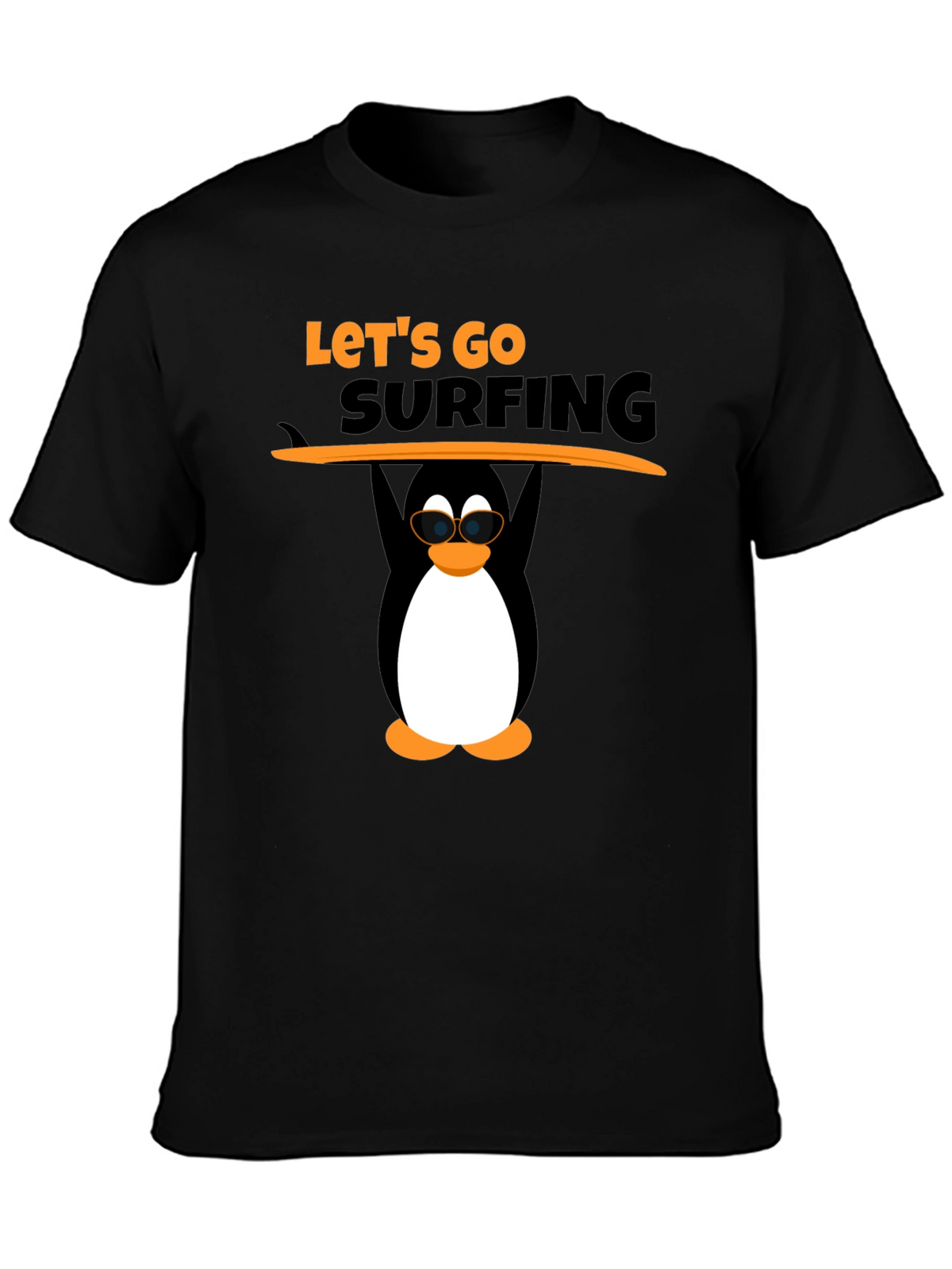 Lets Go Surfing Black T-Shirt with Penguin Graphic