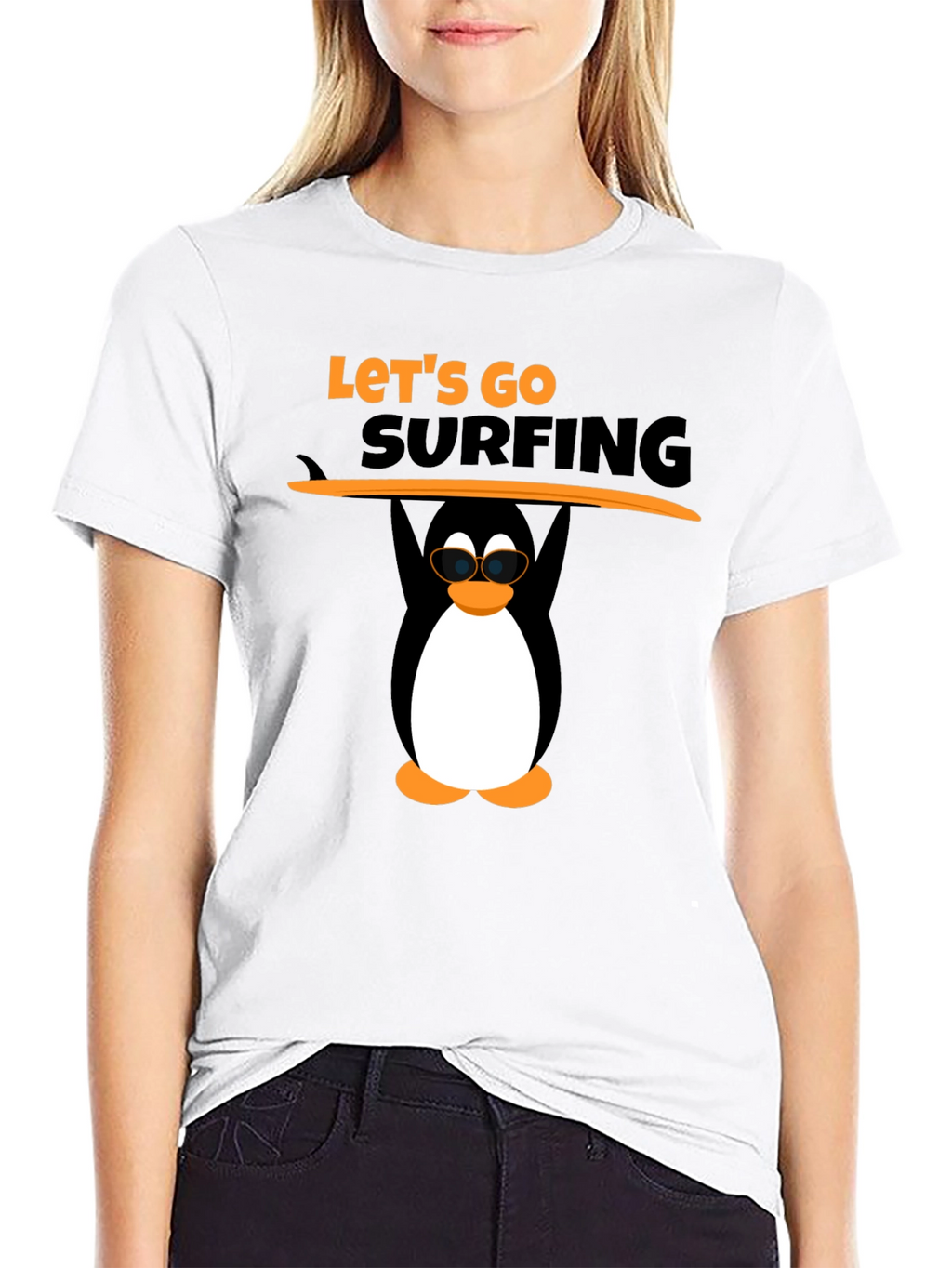 Lets Go Surfing Black T-Shirt with Penguin Graphic