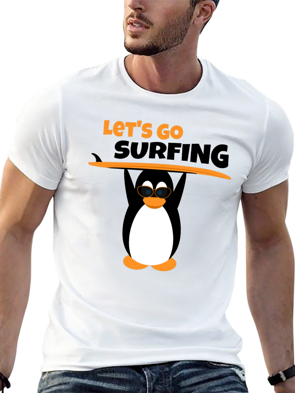 Lets Go Surfing Black T-Shirt with Penguin Graphic