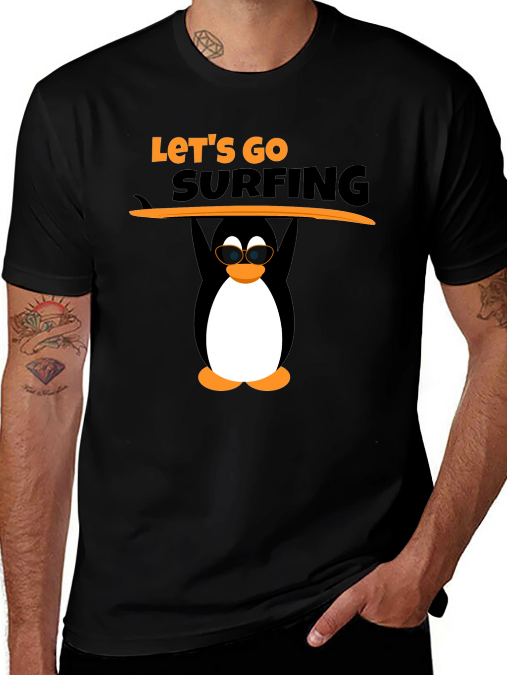 Lets Go Surfing Black T-Shirt with Penguin Graphic