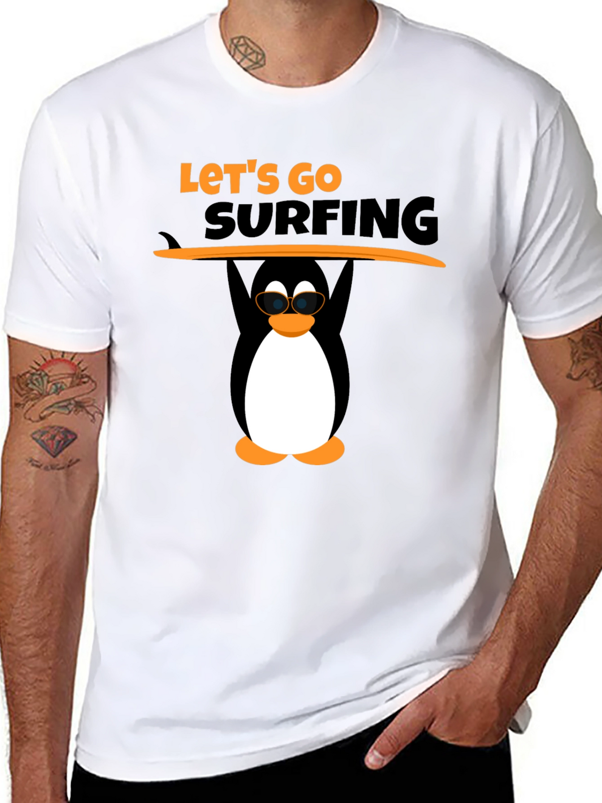 Lets Go Surfing Black T-Shirt with Penguin Graphic