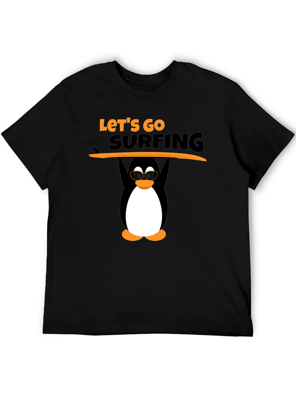 Lets Go Surfing Black T-Shirt with Penguin Graphic