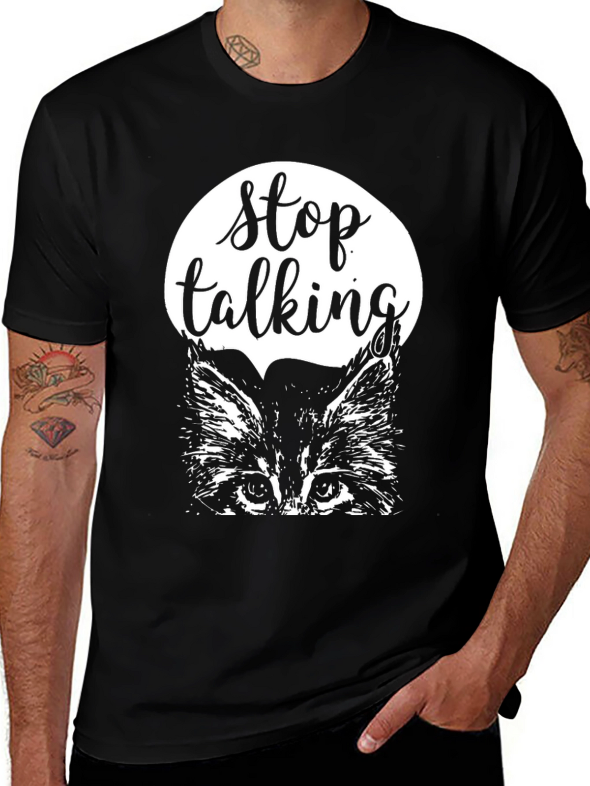 Stop Talking Cat Graphic Tee - Black Cotton