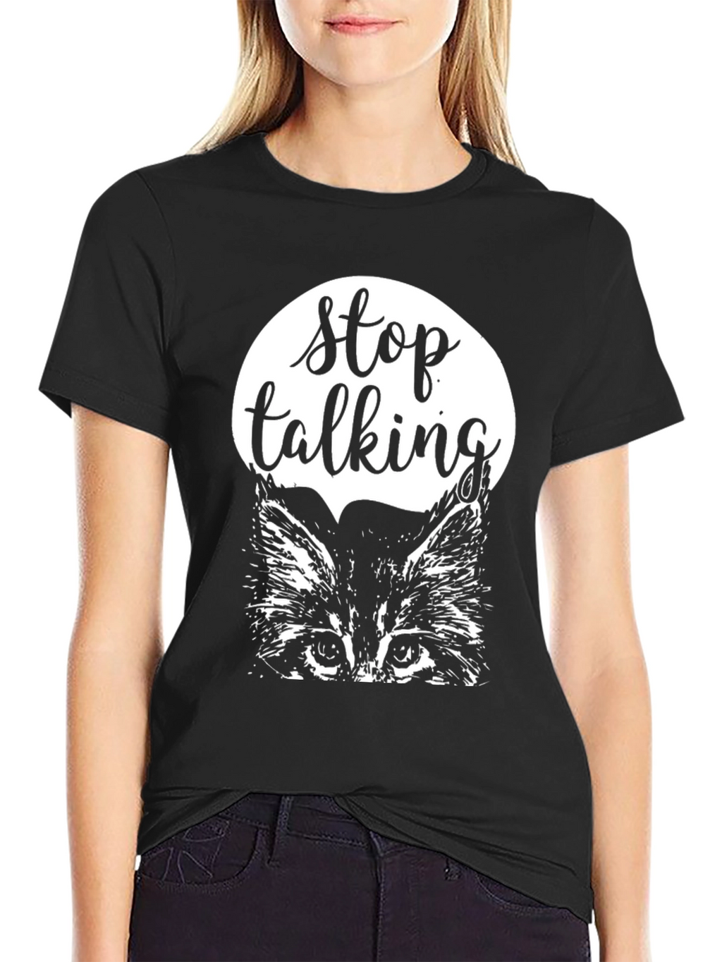 Stop Talking Cat Graphic Tee - Black Cotton