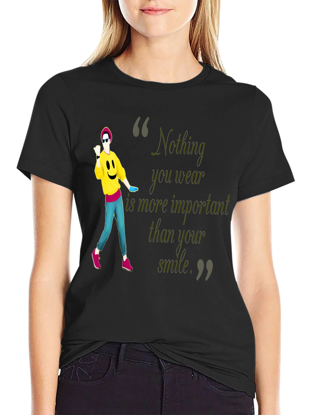 Stylish Black Tee with Smile Quote & Dancer Graphic