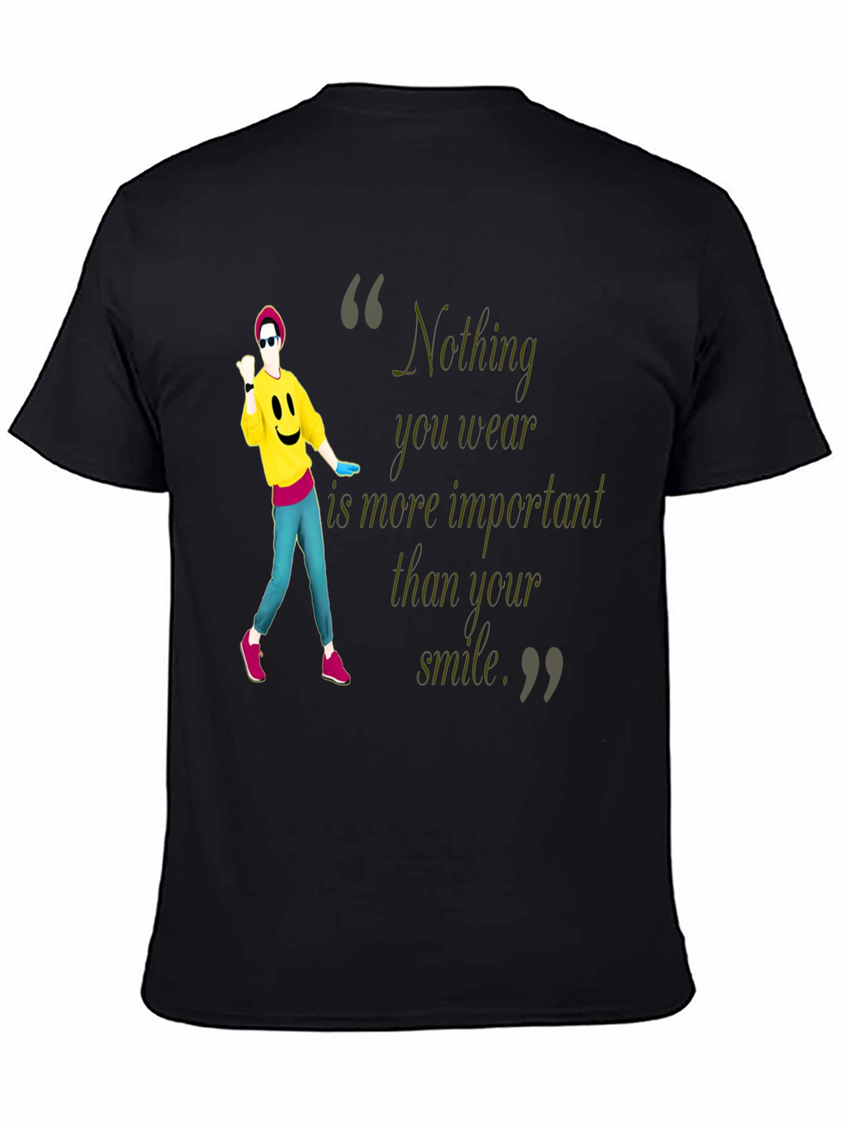 Stylish Black Tee with Smile Quote & Dancer Graphic