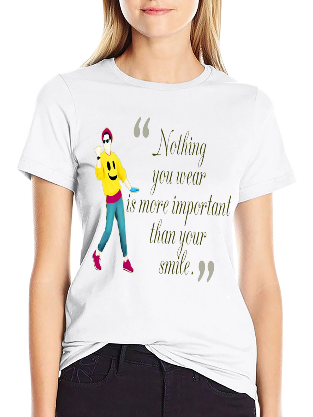 Stylish Black Tee with Smile Quote & Dancer Graphic