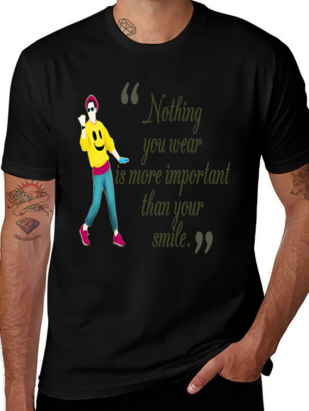 Stylish Black Tee with Smile Quote & Dancer Graphic