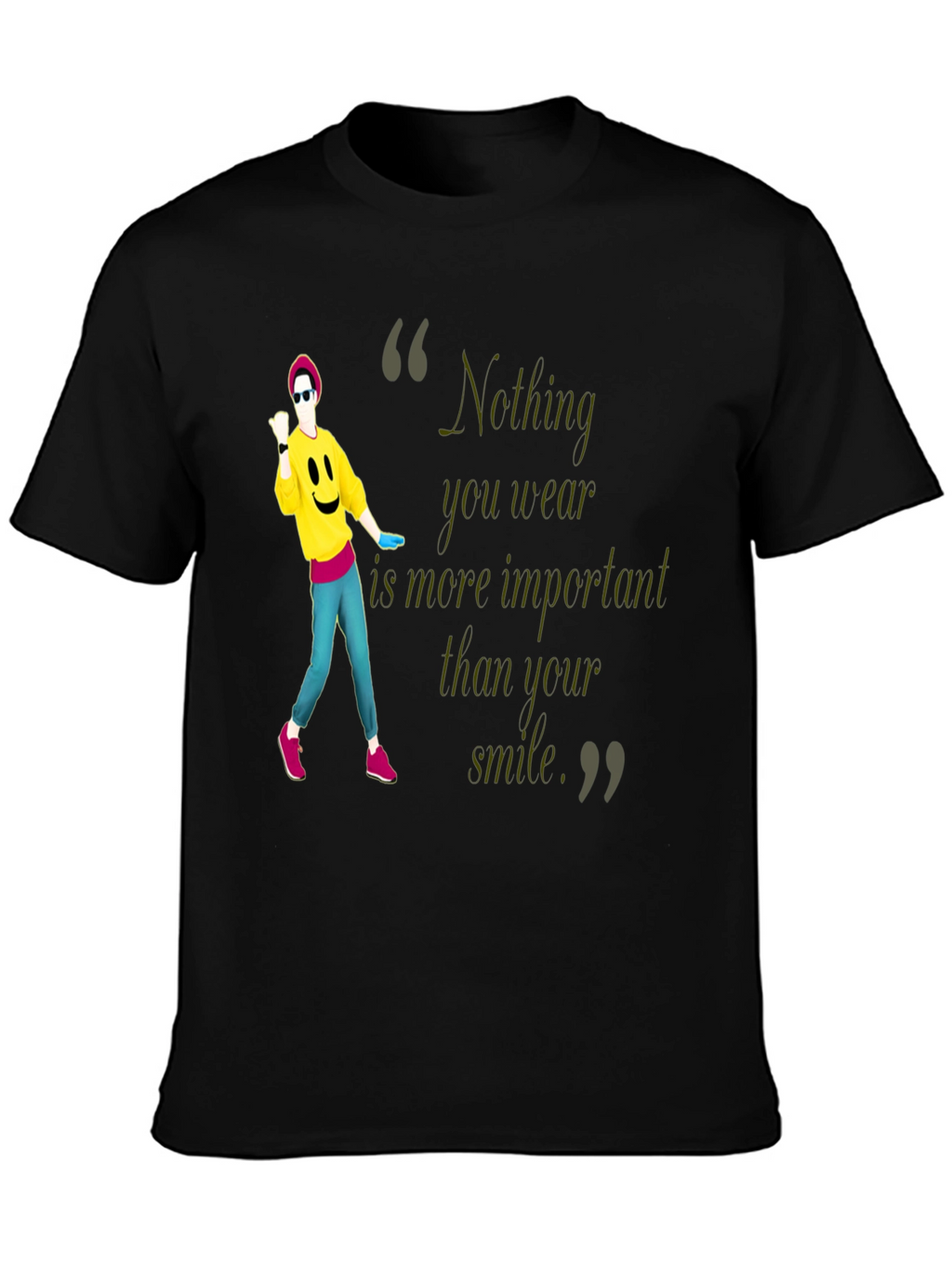 Stylish Black Tee with Smile Quote & Dancer Graphic