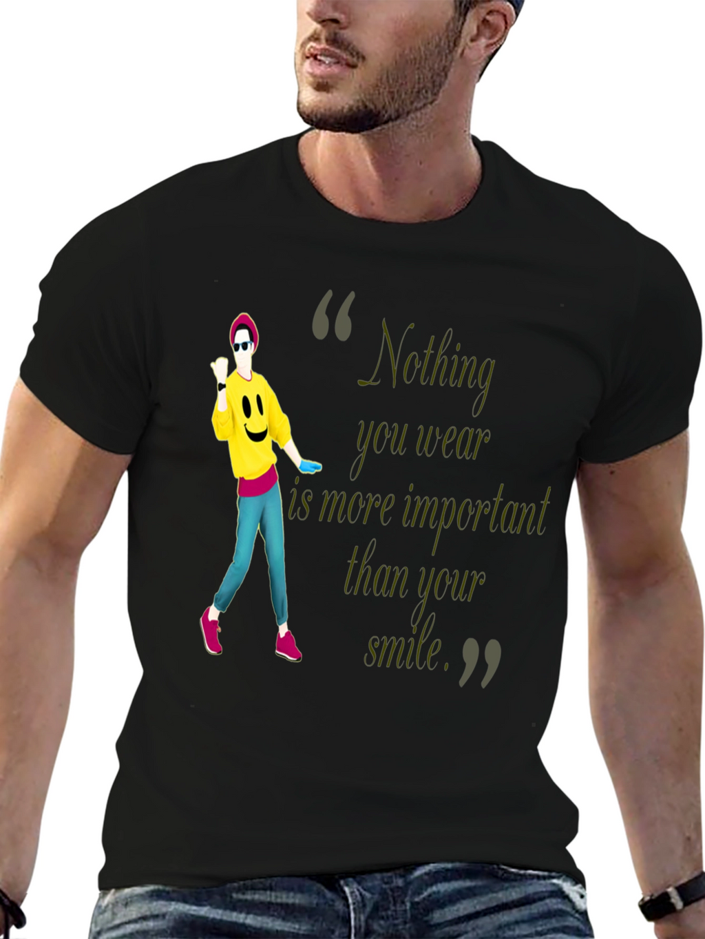 Stylish Black Tee with Smile Quote & Dancer Graphic