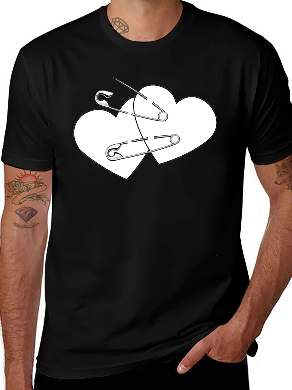 Safety Pin Heart Graphic Tee - Black