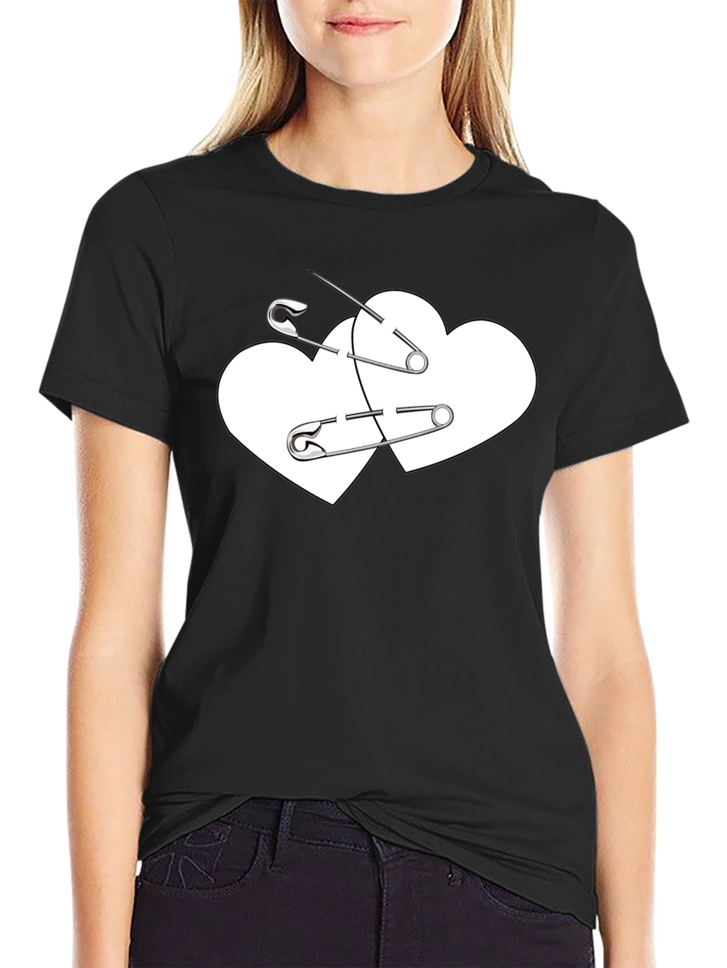 Safety Pin Heart Graphic Tee - Black