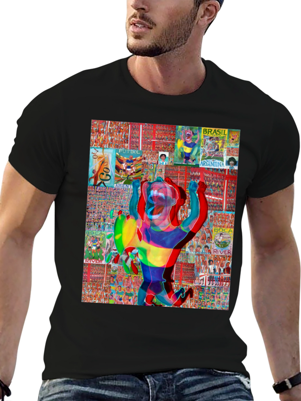Soccer Collage Graphic Tee - Black Cotton Blend