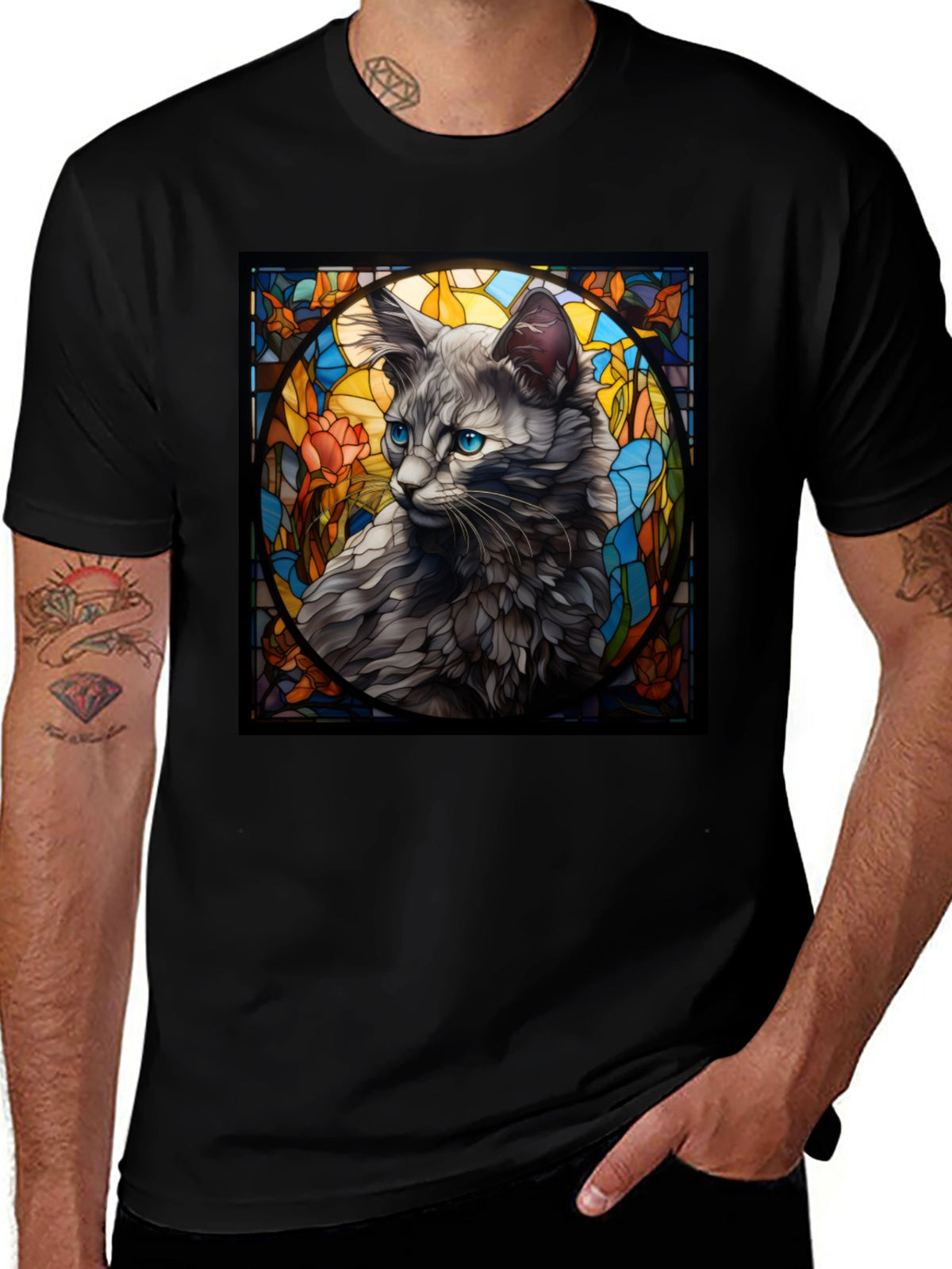 Stained Glass Cat Graphic Tee - Unique Design