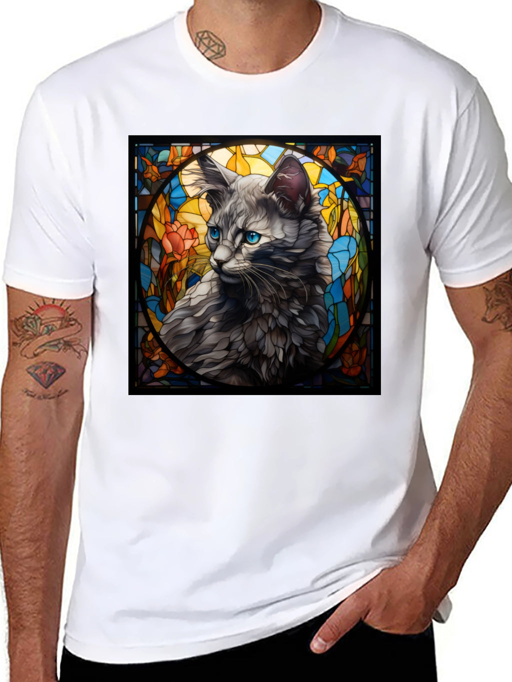 Stained Glass Cat Graphic Tee - Unique Design