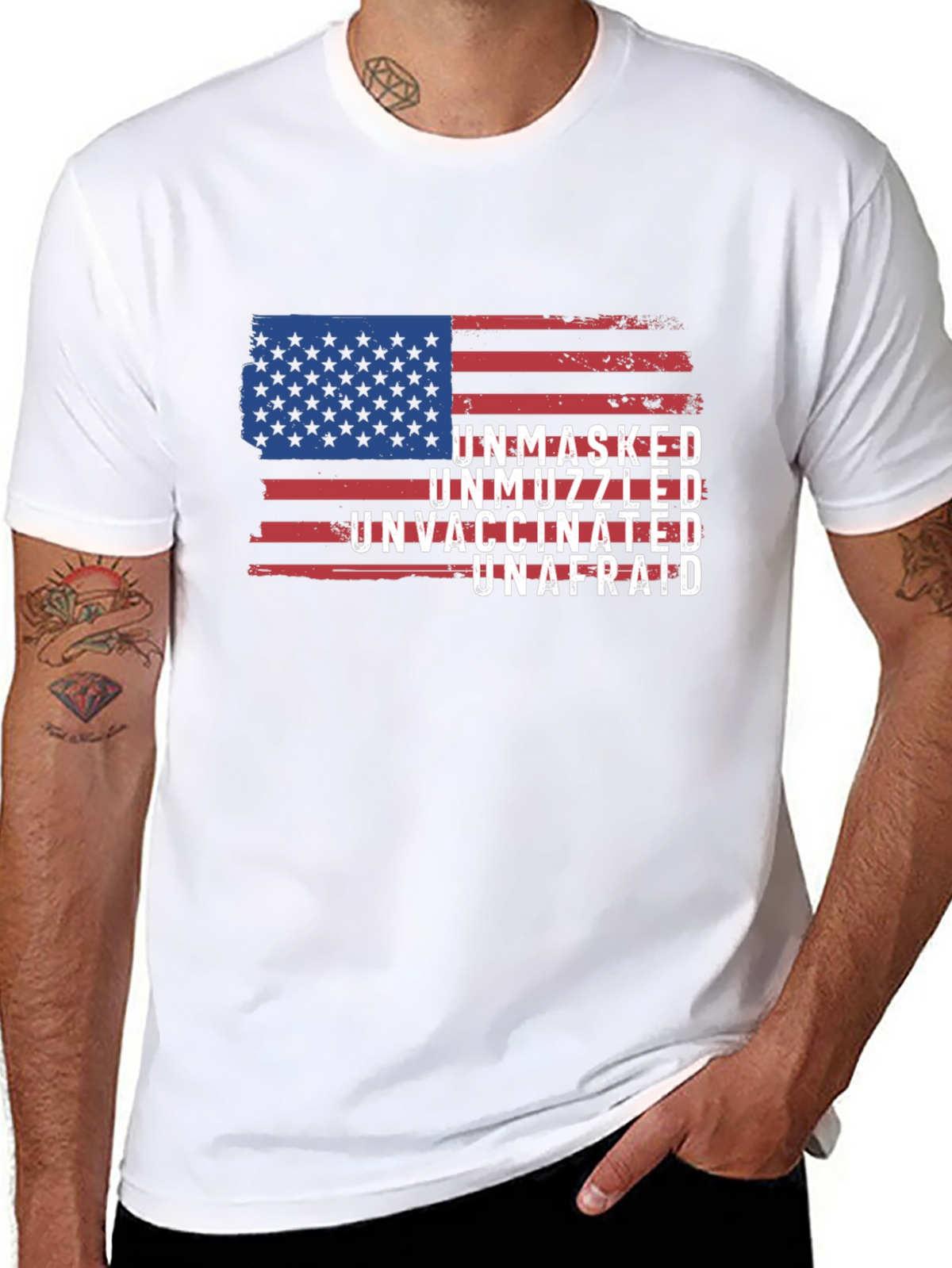 Unmasked Unvaccinated Unafraid American Flag T-Shirt