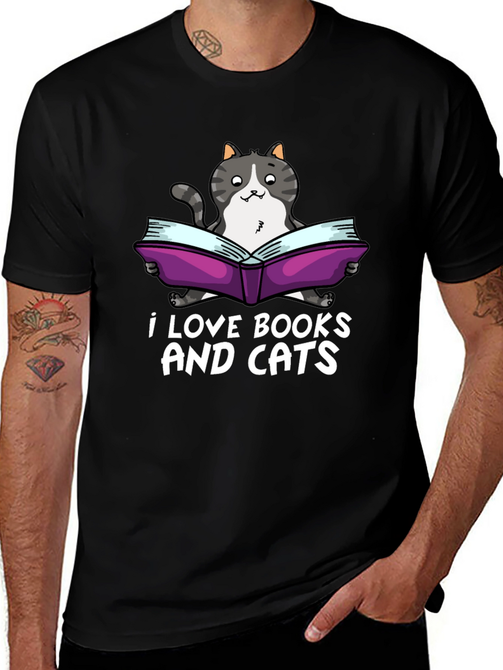 I Love Books and Cats Black T-Shirt
