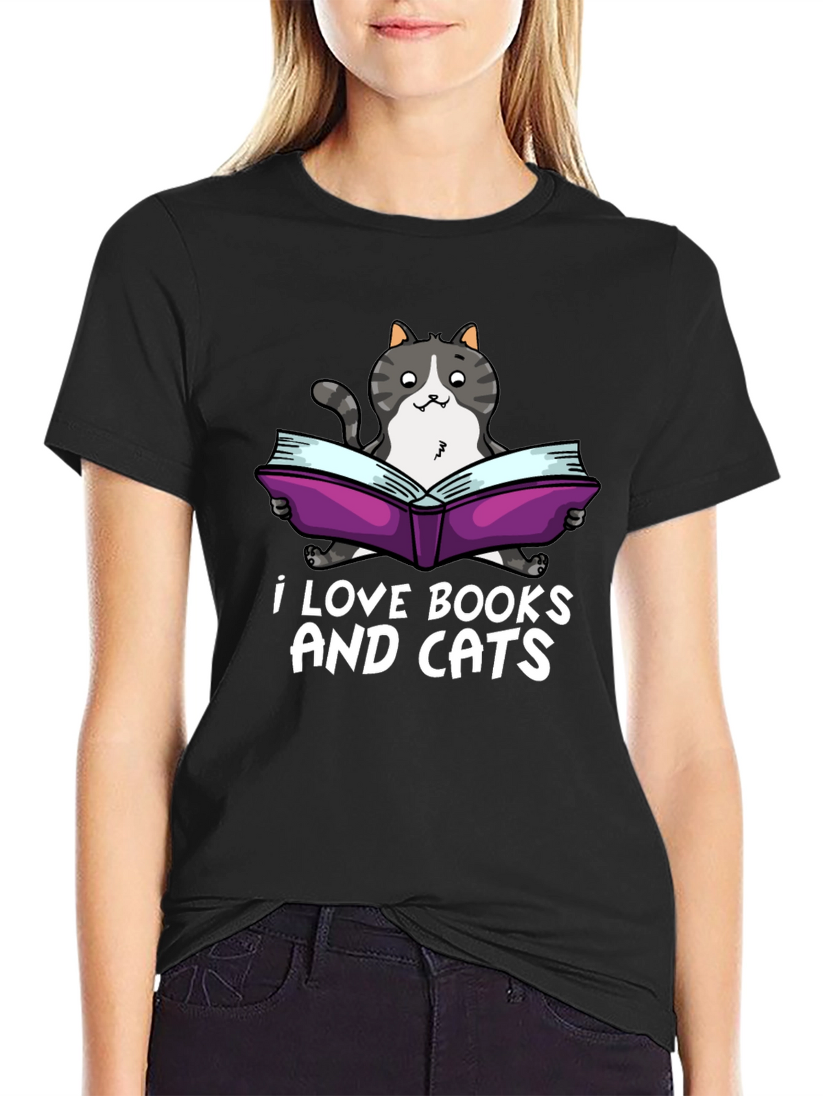 I Love Books and Cats Black T-Shirt
